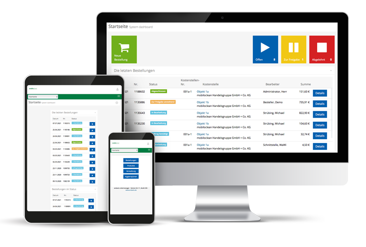 mobiloclean Ordermanager Bestellsystem auf Desktop, Tablet und Smartphone