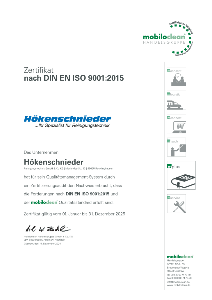 DIN EN ISO 9001:2015 Zertifikat der Hökenschnieder Reinigungstechnik GmbH & Co KG