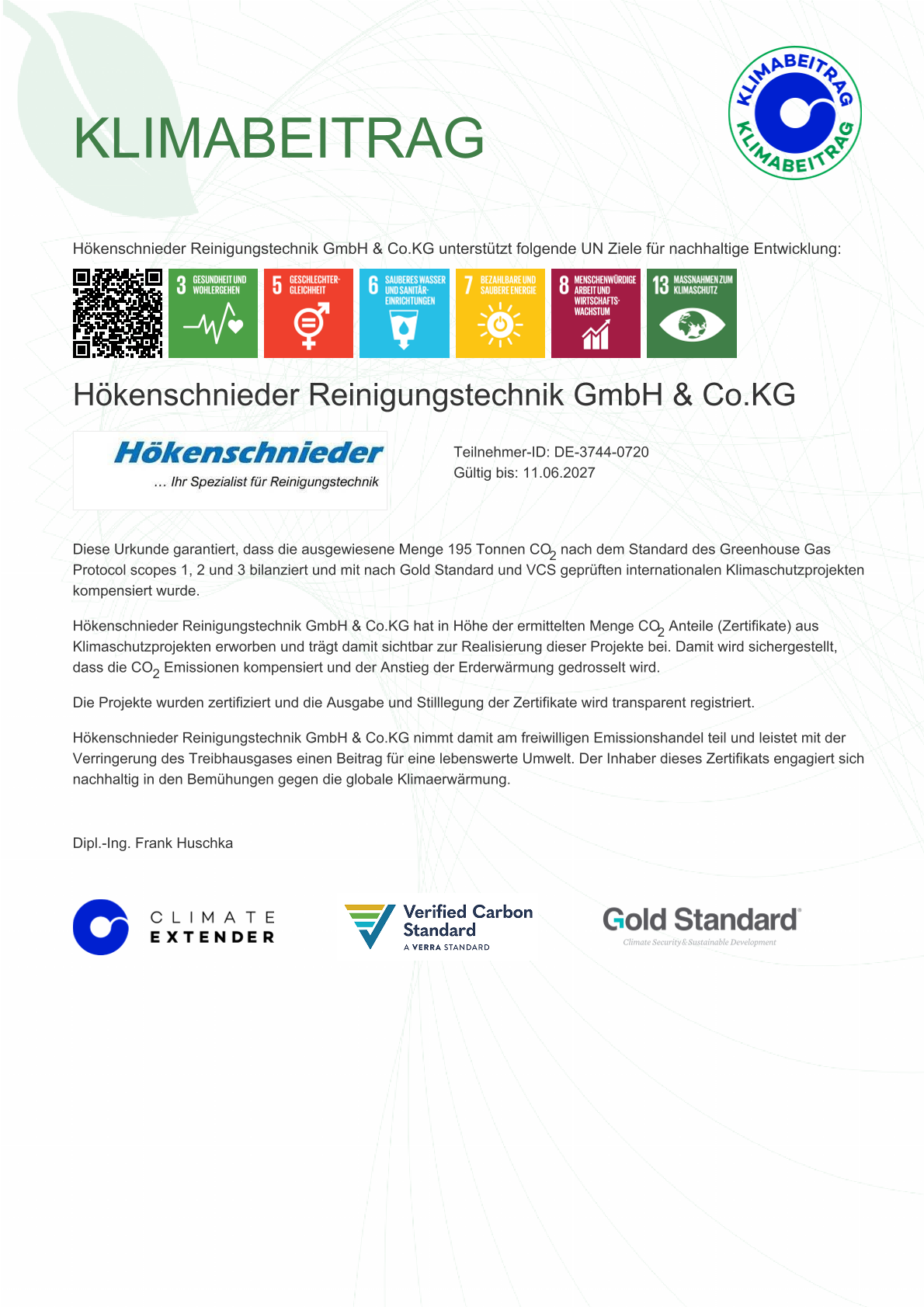 Klimabeitrag-Urkunde der Hökenschnieder Reinigungstechnik GmbH & Co. KG – zertifizierter CO₂-Ausgleich